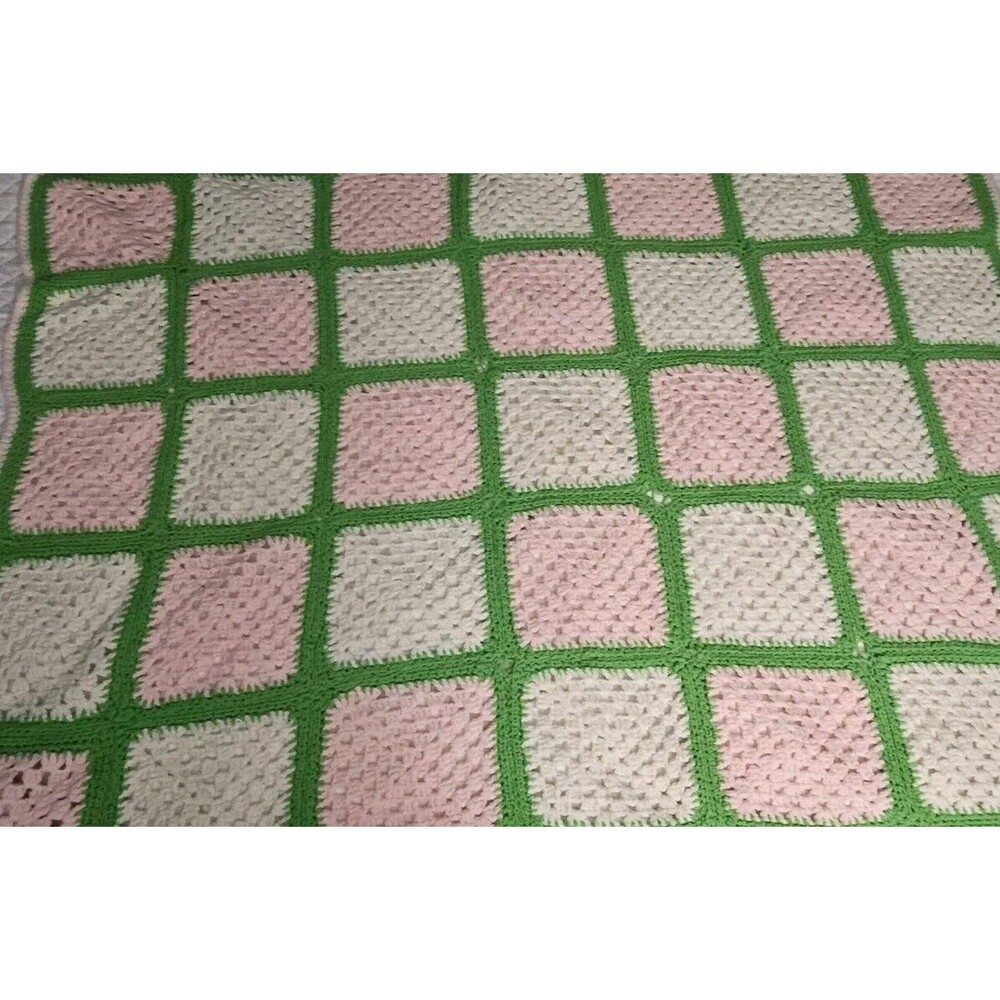 Vintage Multi Color Granny Square Crochet Afghan Green Border  58" x 40"